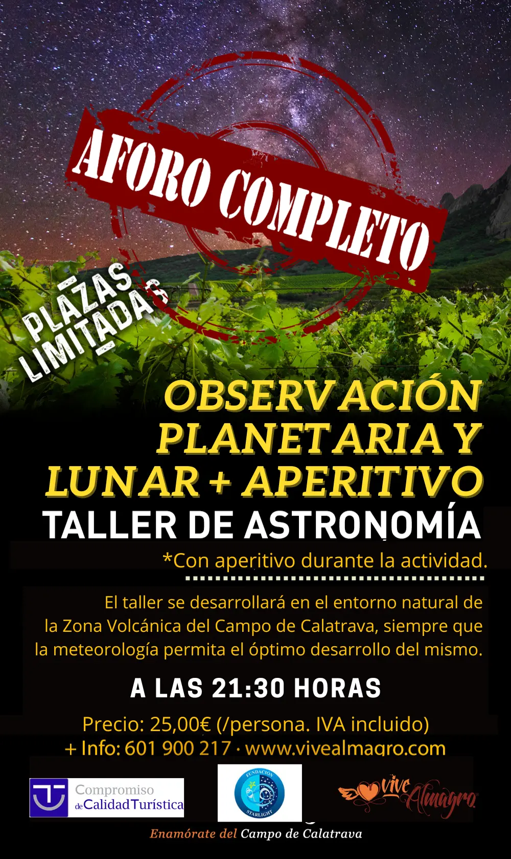 aforo completo a las 21.30h 25 euros y logo starlight