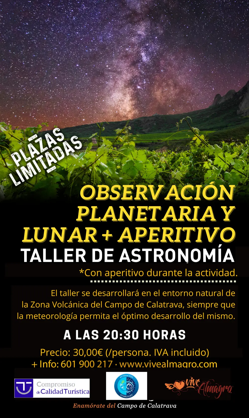 observación planetaria con aperitivo a las 20.30h y 30 €